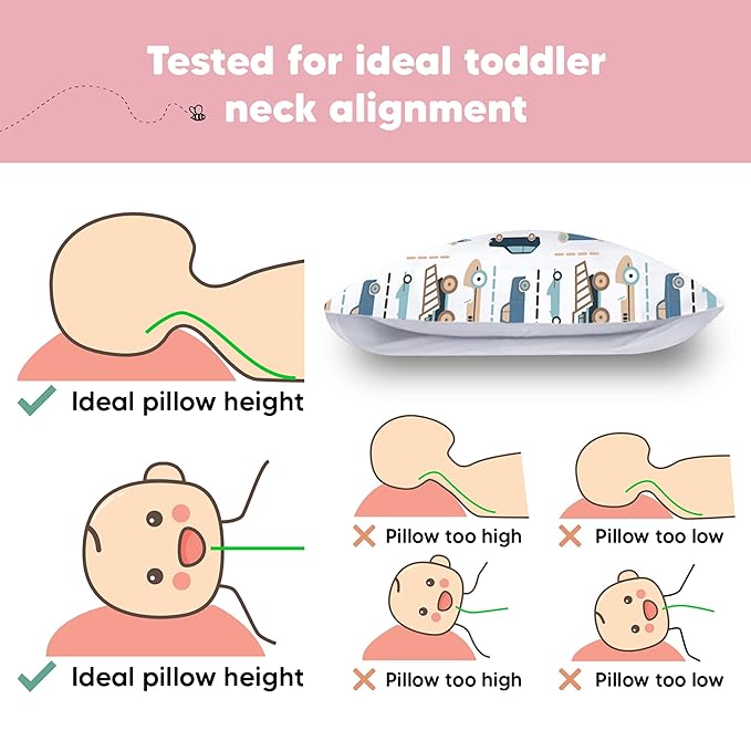 Toddler Pillow with Pillowcase - 13x18 My Little Dreamy Kids Travel Bed Pillows for Sleeping, Organic Cotton Small Pillowcase, Soft & Breathable, Machine Washable, Toddlers 2-5 Years Old (Vroom)