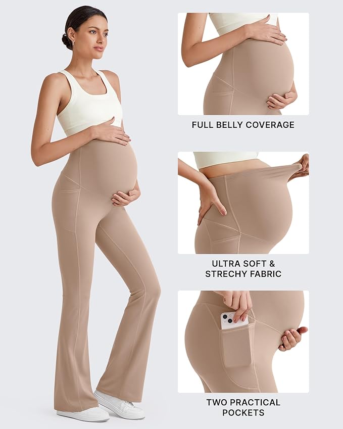 G4Free BareFeel Maternity Flare Leggings with Pockets Over The Belly Stretchy Casual Lounge Pregnancy Dress Pants for Work