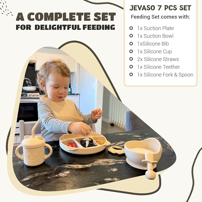 JEVASO Silicone Baby Feeding Set, Baby Led Weaning Supplies, Baby Self Feeding Essentials Suction Bowl Divided Plate Baby Bibs Spoons Forks Sippy Cup Teether, Toddler Eating Utensils for 6+ Months