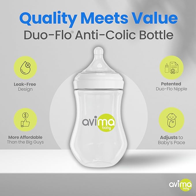 Avima Baby Wide Neck Bottle Starter Kit – 12 Piece Set. Anti Colic Feeding Set w/ 4 oz & 9 oz Baby Bottles, Slow & Medium Flow Nipples & Pacifiers, BPA Free