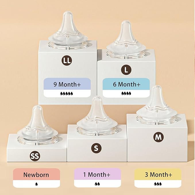 Silicone Bottle Nipple, Anti Colic Nipples for Baby, Natural Feel, LL, 9 Months+, 4 Counts