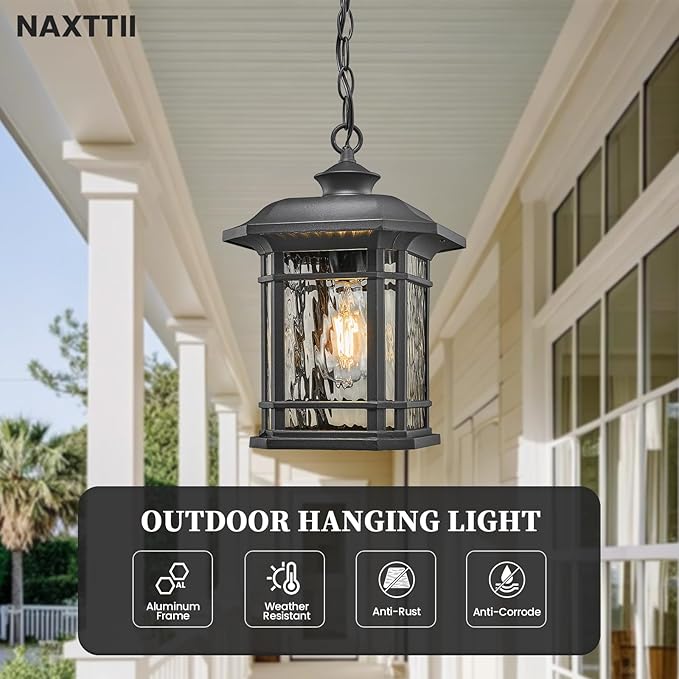 Outdoor Pendant Light Fixture Hanging Porch Light with Adjustable Chain Aluminum Frame with Tempered Water Ripple Glass Hanging Lantern for Front Door Porch Garden and Backyard