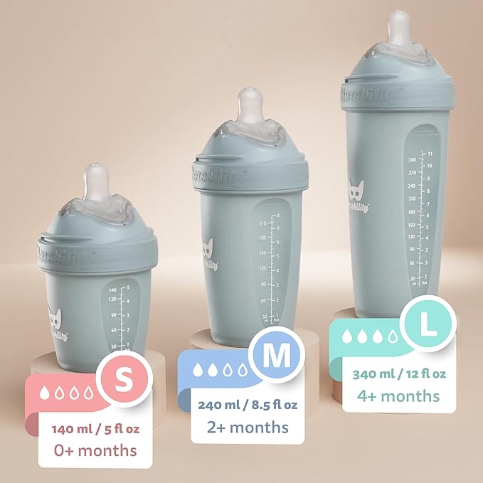Herobility Double Anti-Colic Baby Bottles – 5 fl oz/140ml – 4-Pack – Multicolor – Denim, Black, Dusky Green, Gray