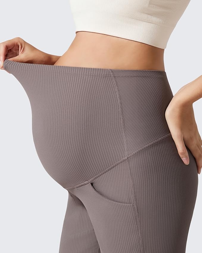 G4Free Ribbed Maternity Flare Yoga Pants with Pockets Over The Belly Pregnancy Bell Bottom Leggings