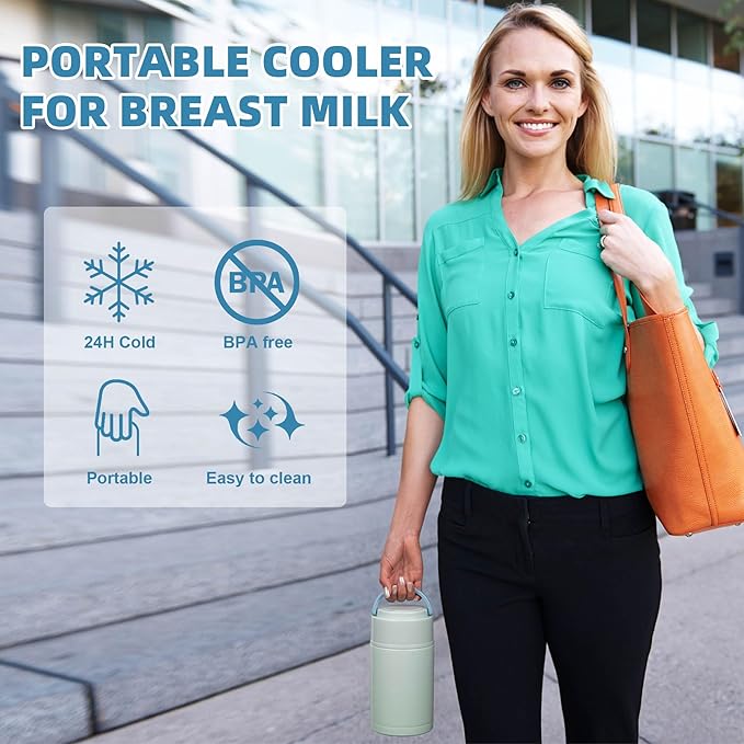 Portable Breast Milk Cooler, Stainless Steel Breastmilk Storage Keeps Breastmilk Cold for up to 24 Hours, Breast Milk Chiller Included Ice Pack for Women Outdoor Travel - Blue