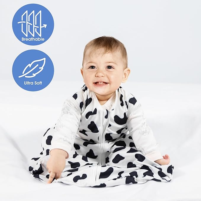 Baby Sleep Sack 12-18 Months Baby Wearable Blanket 100% Rayon Cotton 2-Way Zipper Toddler Sleeping Sack，Comfy Soft Lightweight TOG 0.3（Cow Print）