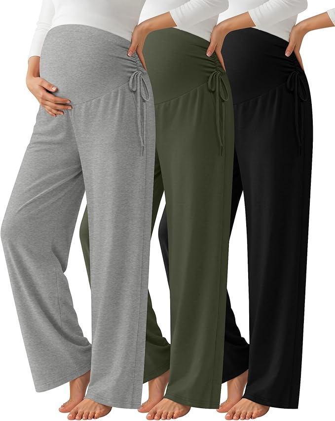 Neer 3 Pack Women's Maternity Pants Over The Belly Loose Pregnancy Pants Stretchy Lounge Wide Leg Trousers with Pockets