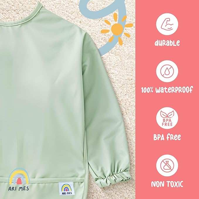 ARI MES Long Sleeves Waterproof Baby Bibs for Eating - Green, Medium- Wearable, Coverall for Toddler, Long Sleeve Bib, Smock Apron for Feeding - Applicable for 6-72 Months