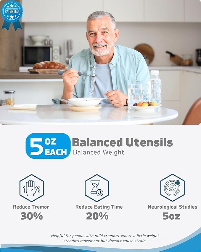 Adaptive Utensils (4-Piece Set) Weighted 5 oz - 42° Angled Utensils for Parkinson's Patients, Hand Tremors, Arthritis & Elderly - Eating Utensils for Elderly (Grey: Right Handed)