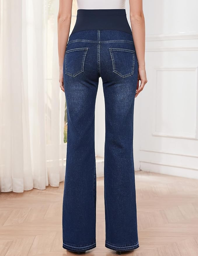 GLAMIX Women's Stretch Maternity Bootcut Jeans with Pockets Over The Belly Bell Bottoms Flare Denim Pants Pregnancy Clothes