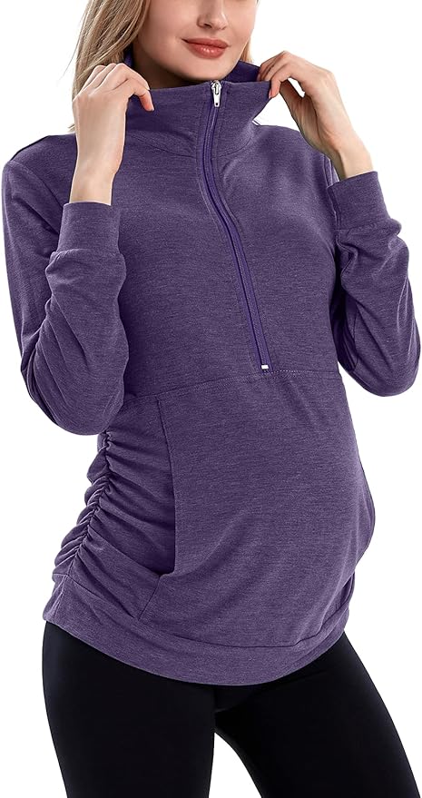 GINKANA Maternity Women's Long Sleeve Shirt Half Zipper Lapel Lightweight Casual Maternity Pullover with Pockets
