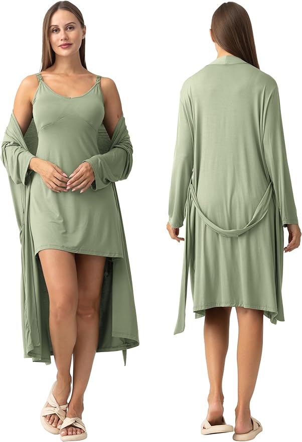 SUNNYBUY Women's Nursing Nightgown Maternity Robe Set, 3 in 1 Labor Delivery Breastfeeding Dress Postpartum Sleepwear