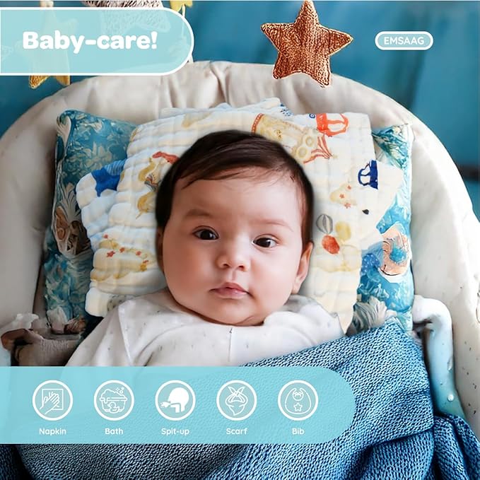 Car Pattern Baby Washcloths Pack of 7 - Absorbent Cotton Bath and Face Towels, Soft Face Cloths for Newborn, Burp Cloths,Sweating Towels for Babies and Infants - 10 x 10