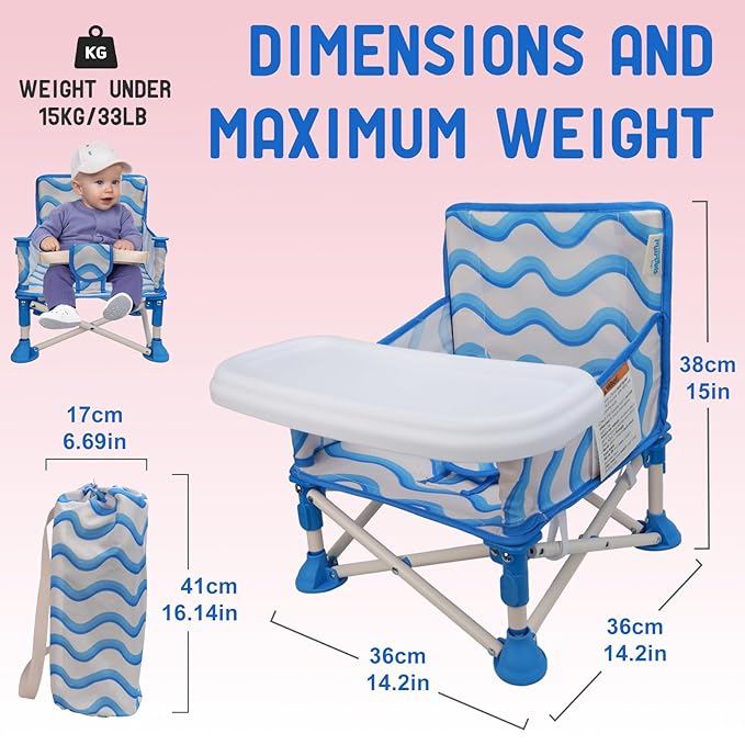 Tiny Marvels Portable 3-in-1 Baby Chair, Cozy Booster Seat, Baby Seat with Tray, Compact Foldable, Toddler Chair with Child Safety Belt Carry Bag, Perfect for Travel (Big Waive)