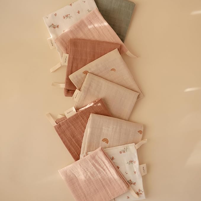 mushie Muslin Organic Cotton Washcloths 5-Pack (Pink Flowers Combo) | Soft Wipes for Baby Cleanups and Bathing