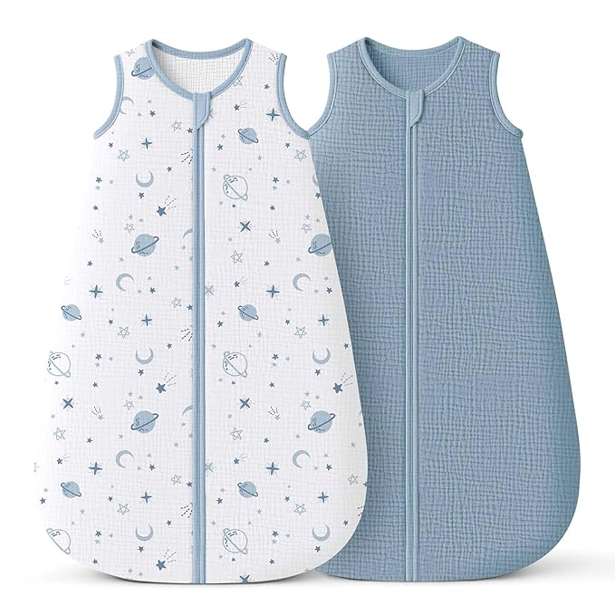 Konssy Muslin Baby Sleep Sack 6-12 Months 0.8 TOG, 2 Pack 100% Cotton Wearable Blanket for Babies, 2-Way Zipper Breathable Sleeping Sack Infant Toddler Essentials for Girls and Boys (Star, Blue)
