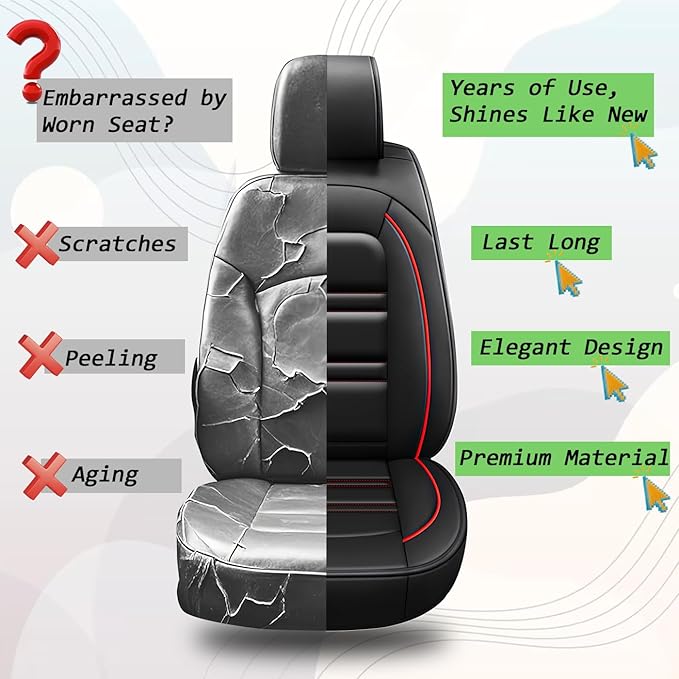 Seat Covers for Dodge Challenger 2008-2023 | 5-Seats Leather Seat Covers, Easy to Install Automotive Seat Covers Full Set (Full Set, Black&Red Line)