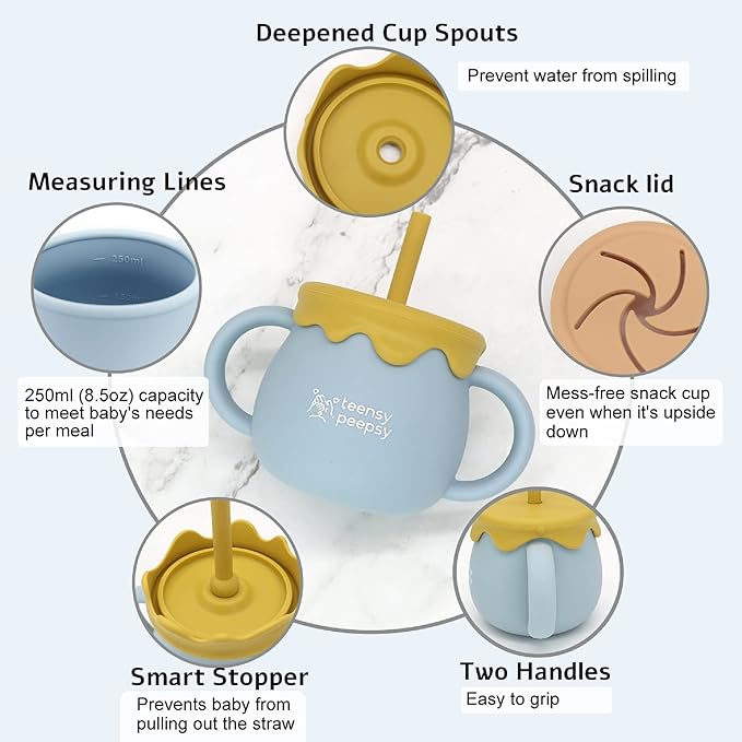 Honey Jar Pot 3-in-1 Silicone Training Cup 8.5oz, Unisex Baby Sippy Cup with Straw & Snack Lid for 6 months+ Break Resistant Straw Cup for Toddler Smoothie Drinkware (Sandy Beige)