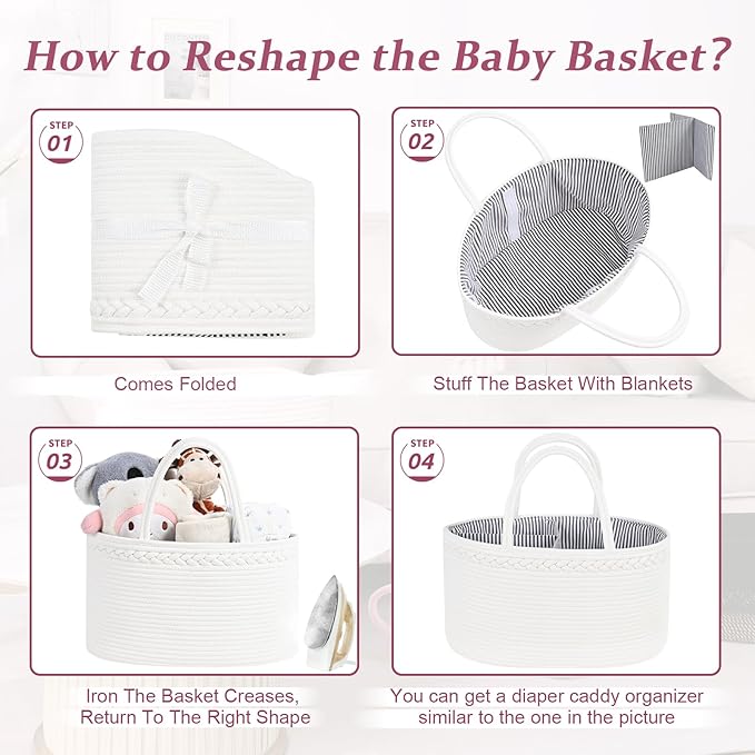 Baby Diaper Caddy Organizer, Cotton Rope Diaper Basket, Baby Basket for Changing Table, Nursery, Car, Changing Table Storage Bin With Removable Divider, Baby Shower Gifts for Newborn, Baby Essentials