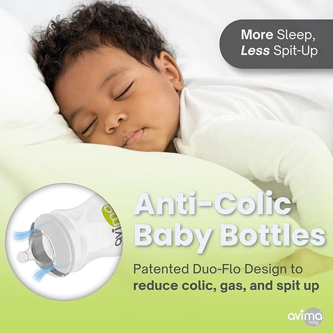 Avima Baby 9 oz Anti Colic Baby Bottles for Breastfed Babies - Medium Flow Nipples, Wide Neck Bottle, BPA Free - 3-6 Months, Stage 2 (Set of 3)