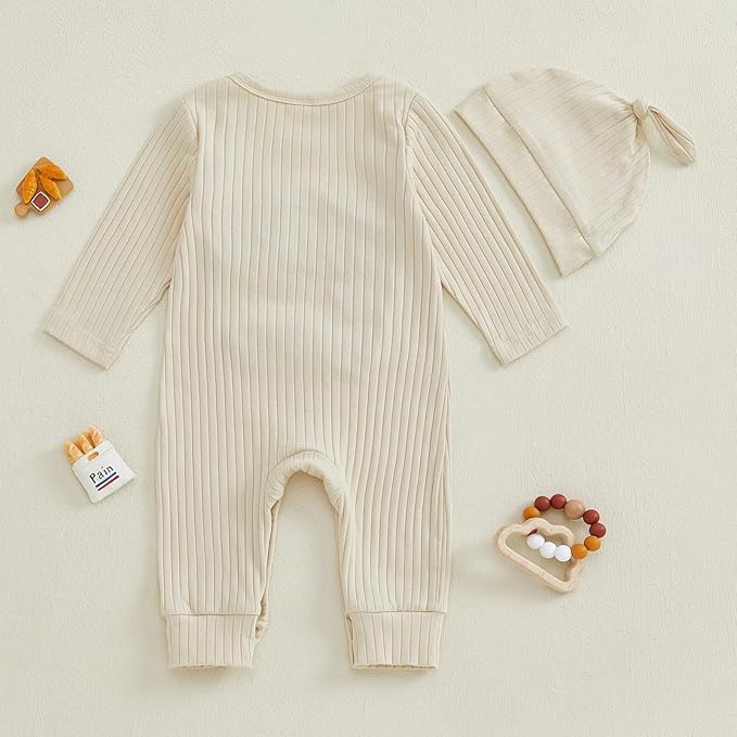 Fernvia Newborn Baby Boy Clothes Letters Print Bodysuit 3 6 9 12 18 Months Long Sleeve Jumpsuit with Hat 2PCS Outfits Set