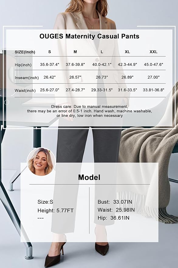 OUGES Womens Stretchy Maternity Over Belly Casual Work Straight Leg Pants Ankle Business Office Trousers with Pockets