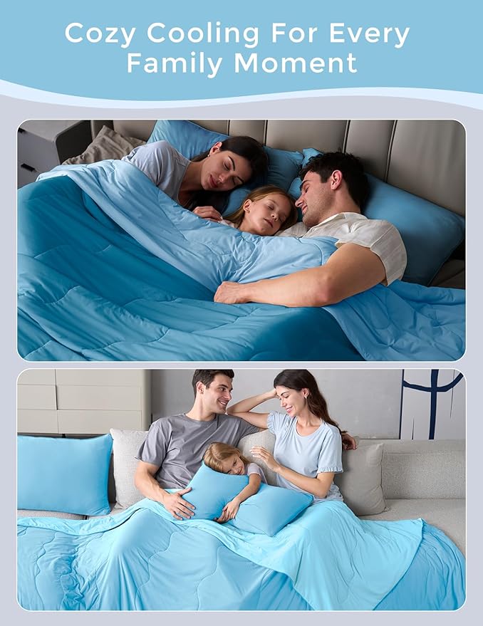 Momcozy Life CoolMurm Cooling Comforter for Hot Sleepers, Full/Queen 90"x90" Soft Breathable Pregnancy Cooling Blanket, 3-Second Cooling, 8 Hours+ Stay Cool All Night, Deep Light Blue