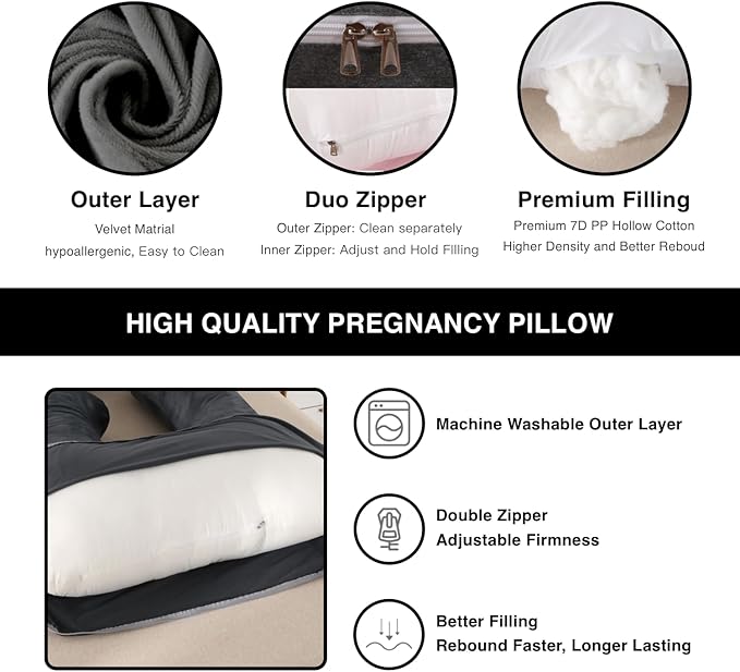 Pregnancy Pillow, Full Body 57 Inch Maternity Pillow with Removable Washable Cover - Sleep Support for Legs, Back, Neck, Shoulder, HIPS, Belly for Pregnent Women, Black Grey Velvet Cover