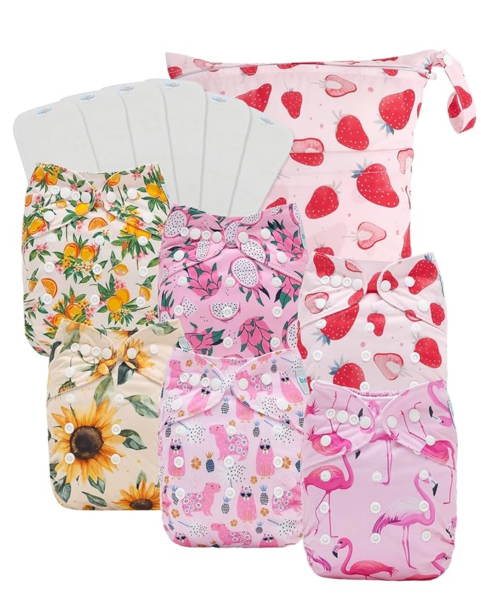 Babygoal Baby Cloth Diaper 6 Pack with 6pcs Inserts and Wet Bag for Fitted Diapers and Prefolds, Adjustable and Reusable Covers for Toddler Boys and Girls