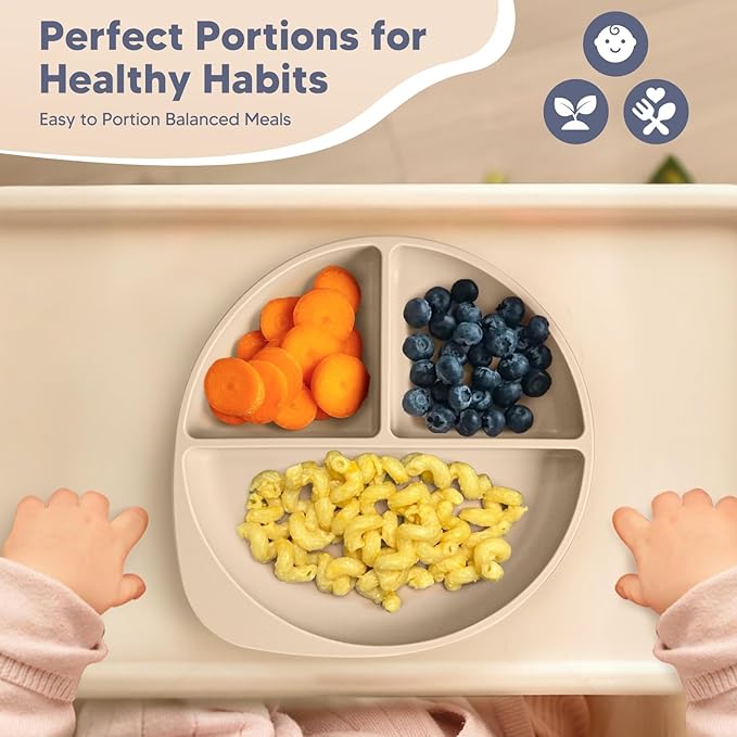 Silicone Baby Feeding Set Plates Set for Toddlers Infant Kids, baby plates with suction (2, Beige)