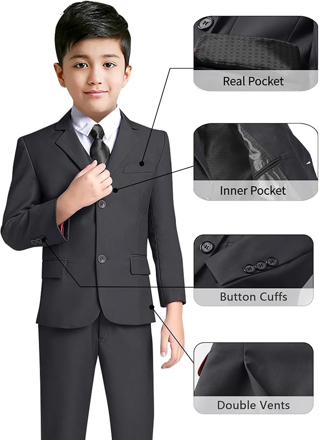 YuanLu Boys Suit for Kids Tuxedo Wedding Ring Bearer Outfit, 5 Piece Boy Slim Fit Formal Suits with Adjustable Waist