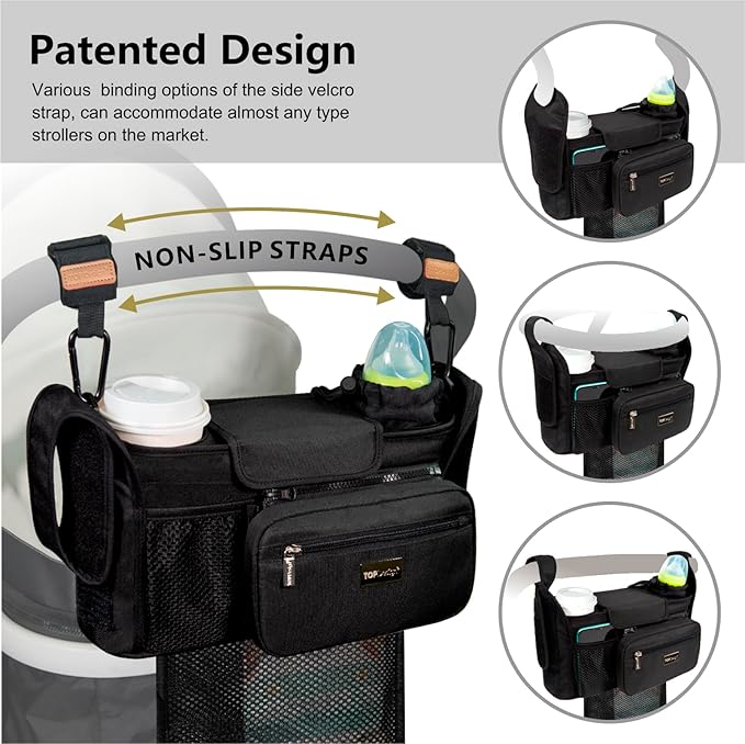 TOPDesign Universal Baby Stroller Organizer, Stroller Caddy with Detachable Mesh Bag & Heightened Insulated Cup Holders & Non-Slip Secure Hooks Accessories, Fits Most Strollers (Donuts)