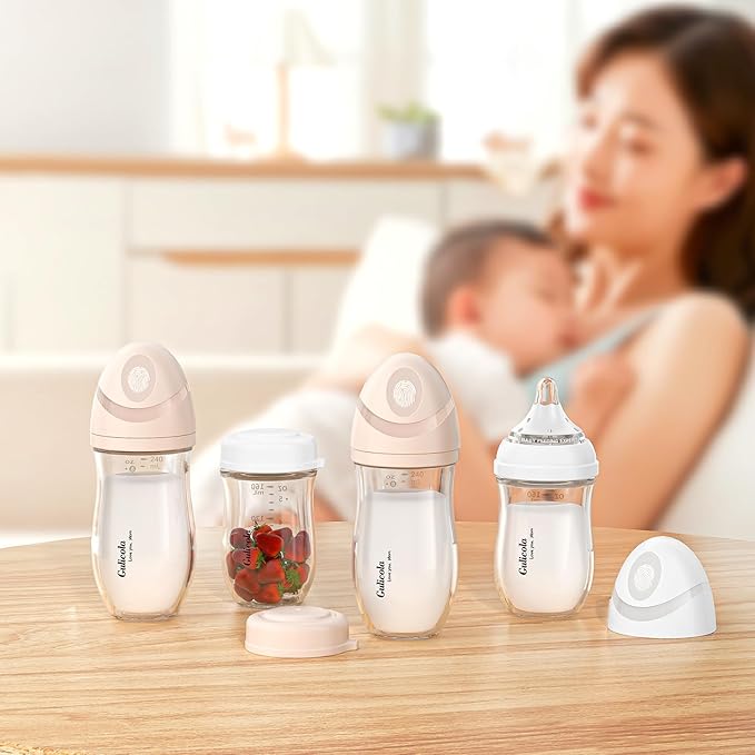 Gulicola Natural Glass Baby Bottle 4 Pack, Newborn Breastfeeding Bottles Set, Extra Slow Flow Nipples (SS), Anti Colic, 0 Months+, 5 oz - Pink