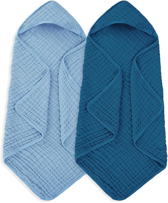 Muslin Baby Towels 100% Cotton ，Super Soft Muslin Baby Bath Towel - 32 x 32 Inches, Suitable for Newborn and Young Children up to 3 Years Old. (Light Blue & Dark Blue)