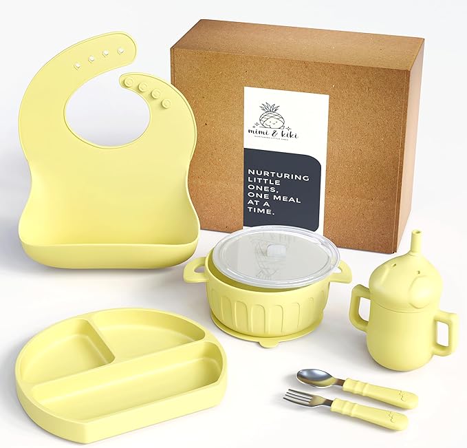 mimi & kiki BPA-Free Silicone Baby Feeding Set, Baby Plates and Bowls Set, Baby Led Weaning Supplies, Silicone Suction Plate, Baby Utensils, Bib and Cup, Self Feeding, Dishwasher Safe (Yellow)
