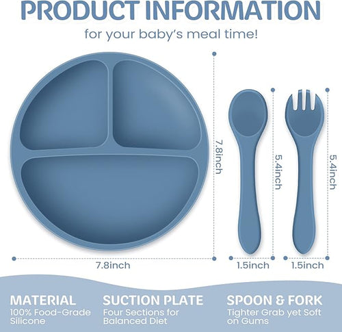 6 Pack Suction Plates for Baby with Spoon Fork Divided Toddler Plate with Suction Silicone Baby Self Feeding Set for Boys Girls (Dark Gray, Army, Dark Blue, Orange, Khaki, Pink)