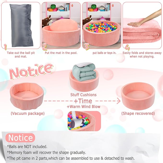 Foam Baby Ball Pit, 35.4"x 11.8" Ball Pits for Toddlers, Soft Round Kiddie Playpen Ball Pool for Kids with Soft Memory Sponge, Ideal Gift for Babies Indoor and Outdoor Game,Pink(Balls not Included)