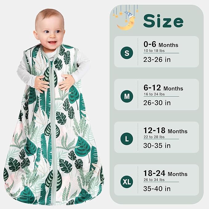 3 Pack Baby Sleep Sack 0-6 Months 100% Rayon Cotton Baby Sleeping Bag 2-Way Zipper Toddler Wearable Blankets Comfy Stretchy Lightweight TOG 0.3 （Banana&leaf&green）