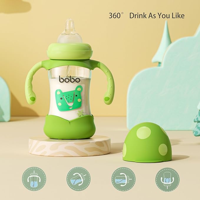 YOHKOH Natural Glass Baby Bottle with Natural Response Nipple, Wide Neck Baby Bottles with Handle, Newborn Anti-Colic Baby Bottles Gift Set, Clear (5.4oz (Pack of 2), Green)