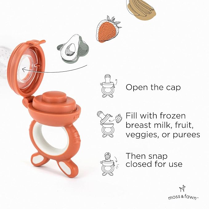 Moss and Fawn Little Explorer Kit - Silicone Frozen Breast Milk Popsicle Kit with Forage Feeder, Teething Popsicle Ice Cube Tray, & Gather & Roll Baby Feeding Bib - BPA, PVC, & Lead-Free - Terracotta