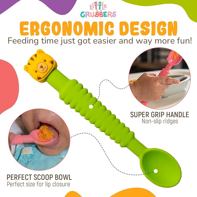 3-in-1 Silicone Baby Spoon Self Feeding 6+ Months - Pediatric OT Designed Teether Spoon, BPA Free Toddler Utensils, Mess-Free, Fun for Baby Led Weaning Supplies, Dog & Tiger
