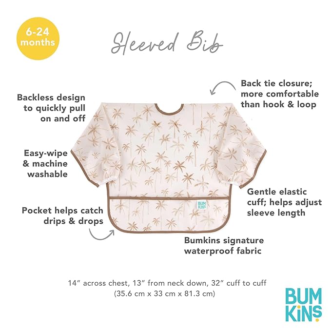 Bumkins Sleeved Bib for Girl or Boy, Baby and Toddler for 6-24 Mos, Essential Must Have for Eating, Feeding, Baby Led Weaning Supplies, Long Sleeve Mess Saving Food Catcher, Soft Fabric, Palm Trees