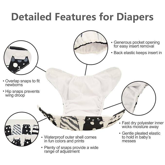 babygoal Reusable Cloth Diapers 6 Pack+6pcs Rayon from Bamboo Inserts+Wet Bag, One Size Adjustable Washable Pocket Nappy Covers for Baby Girls and Boys 6FG38