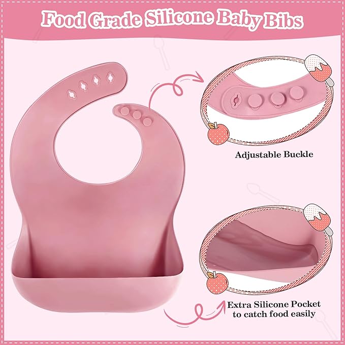 Silicone Baby Feeding Set 10 Pcs Baby Led Weaning Supplies Suction Bowl Divided Plate Baby Bibs Fruit feeder Pacifier Baby Spoons Forks Sippy Cup Utensil Sets Baby Essentials for Newborn （Deep Pink）