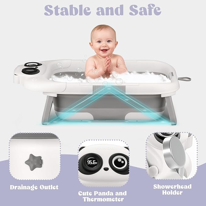 Foldable Baby Bathtub, Lightweight Bathtub for Infants to Toddlers with Soft Cushion & Thermometer, Portable Baby Tub Newborn to Toddler 0-24 Months(Grey)