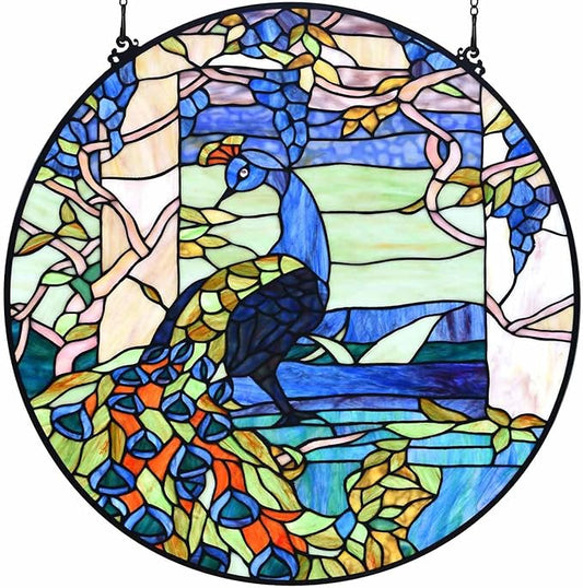 Bieye W10094 Peacock in Garden Tiffany Style Stained Glass Window Panel for Home Decor (Blue, 24" Round)