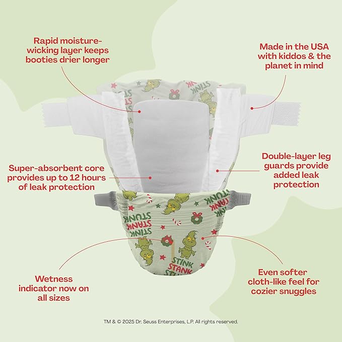 Hello Bello Dr. Seuss Baby Grinch Premium Diapers, Size NB (Up to 10 lbs), 76ct Plus Bonus Wipes: Softness & Protection for Sensitive Skin