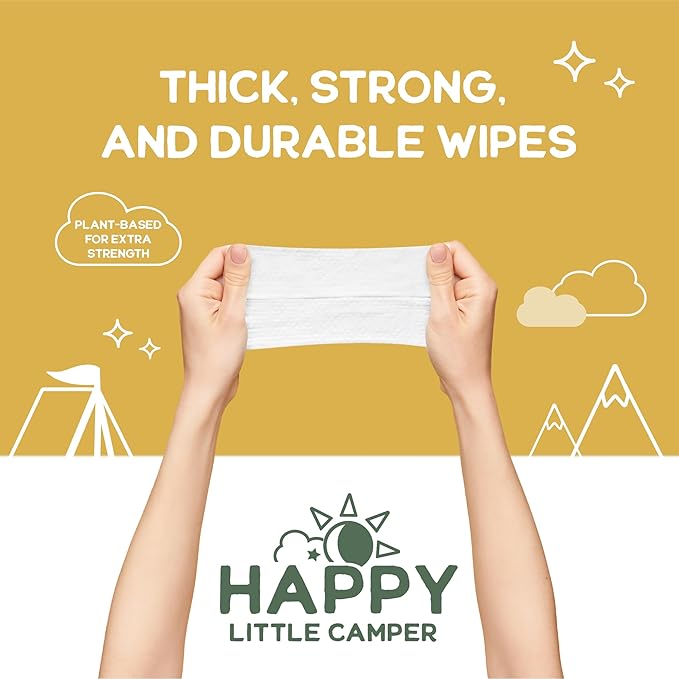 Happy Little Camper Ultra-Absorbent Natural Baby Diapers Size 1 - Hypoallergenic, Unscented & Chlorine-Free Disposable Diapers (200 Count) Come with Flushable Wipes (200 Count) for Sensitive Skin