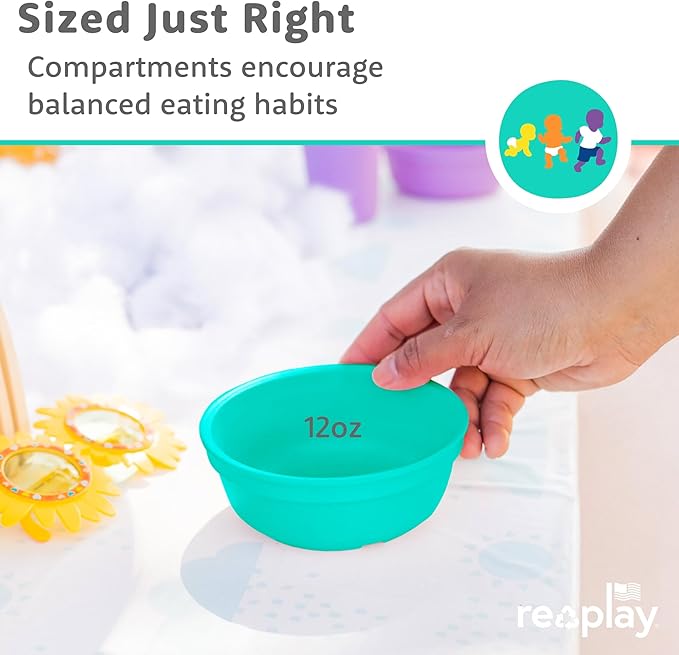 Re-Play 12 oz. Toddler Bowls Set of 3 - Kids Deep-Walled, Durable & Reusable Snack and Meal Bowls, Dishwasher & Microwave Safe, BPA-Free, Made in USA from Recycled Plastic, Sea Glass