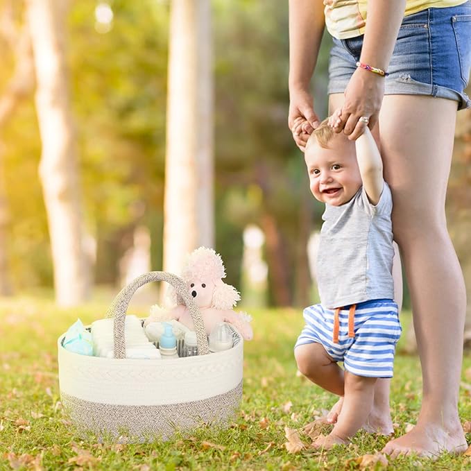 Maliton Baby Diaper Caddy Organizer, X-Large Cotton Rope, Rustic Style, Portable, 3 Compartments, A-Brown